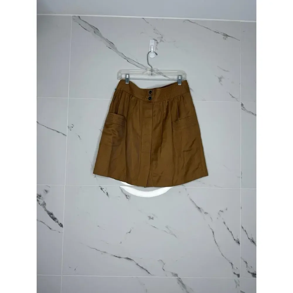 J Crew Skirt Sz 8 Brown Linen Blend Button Front Pockets Lined Minimalist Preppy